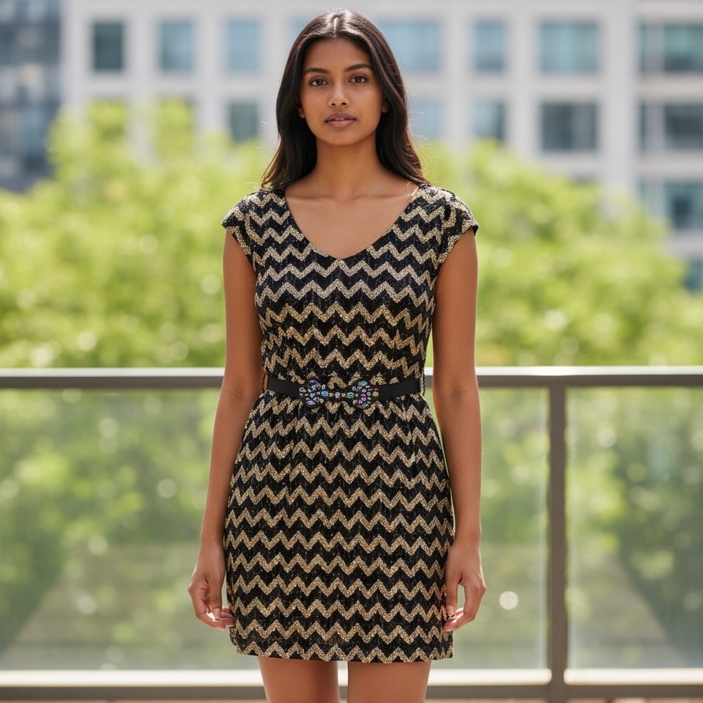 Candie's LARGE Black and Gold Vintage Zigzag  Dress fully lined with belt